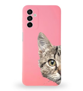 Samsung Galaxy M23 Uyumlu Lansman Kılıf Catface Tasarımlı İçi Kadife Kapak-Pembe (Şeffaf)