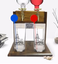 BK Gift Kişiye Özel Renkli Baskılı Kız Kulesi Tasarımlı İkili Vodka Bardağı ve Çift Musluklu Doğal Ahşap Vodka Standı-1 (Model 1)