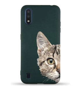 Samsung Galaxy M01 Uyumlu Lansman Kılıf Catface Tasarımlı İçi Kadife Kapak-Yeşil (Şeffaf)