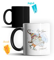 Kişiye Özel Gnome Patenli Cüce Tasarımlı Sihirli Kupa (Siyah - Beyaz)
