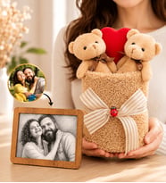 Kişiye Özel Karakalem Fotoğraflı Çerçeve ve Premium Kahve Ayıcık Buketi Hediye Seti