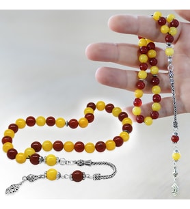 925 Ayar Gümüş Foxtail Zincir Püsküllü Küre Kesim Sarı Kırmızı Jade Akik Doğaltaş Taraftar Tesbih