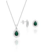 Kadın Gümüş Set Zümrüt Taşlı Kolye Küpe İkili Set 925 Ayar ST119 (Yeşil)