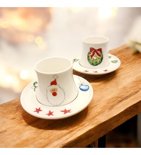 Noel Baba ve çelenk desen kahve fincanı 2'li takım