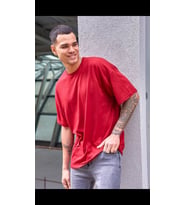 Unisex Renkli Bisiklet Yaka Oversize Boyfriend T-shirt (Kırmızı)