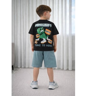 Cg Kids Minecraft Erkek Çocuk Tshirt & Şort Alt Üst Takım Süper Kalite Sırt Baskı Detay (Siyah)
