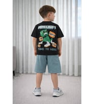 Cg Kids Minecraft Erkek Çocuk Tshirt & Şort Alt Üst Takım Süper Kalite Sırt Baskı Detay (Siyah)
