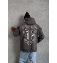 Erkek 3 İplik Pamuklu Kapüşonlu Baskılı Cepli Oversize Sweatshirt Hoodie - Gri