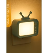 Eski TV Tasarımlı Gece Lambası, Sarı-Beyaz Işık, Tuşlu, Koridor Işığı (Krem)