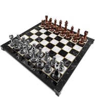 Orta Boy Gümüş-Bronz Taşlı Mermer Desenli Klasik Tablalı Satranç Takımı (30x30cm) (Kahverengi)