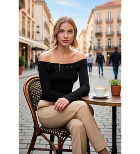 Kadın Bluz Carmen Yaka Uzun Kol Fitted Ribana Örme Kemer Aksesuar Detaylı Düz Desen Regular