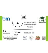 MikroTurCU Tekli Dikiş İğne İplik İpek 3/0 1/2 Yarım Daire 75 Cm Atravmatik Yuvarlak Gövde Tek İğne Mikrocerrahi Eğitim Materyali