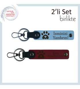 Hayvan Sevgisiyle Hazırlanan Tasarım, Sevgililer İçin Kalpli Pati Anahtarlık Seti, Gök Mavi-Bordo