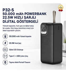 P32-5 50.000 mAh Powerbank 22.5W Hızlı Şarjlı Dijital Göstergeli Taşınabilir Şarj Cihazı