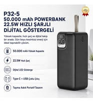 P32-5 50.000 mAh Powerbank 22.5W Hızlı Şarjlı Dijital Göstergeli Taşınabilir Şarj Cihazı