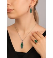 Mekik Model Akik ve Markazit Taşlı 925 Ayar Gümüş Üçlü Set (Yeşil)