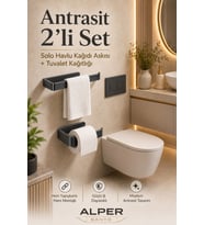 Antrasit Lamalı 2'li Banyo Seti, Lamalı Solo Havlu Kağıdı Askısı, Lamalı Tuvalet Kağıdı Askısı, Hem Yapışkanlı Hem Montajlı Ürün