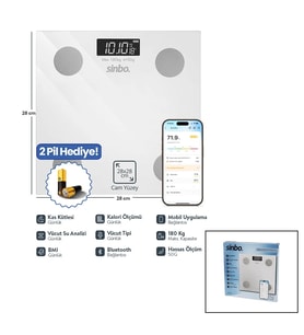 Ölçerakıllı Bluetooth Cam Baskül Pilli 180Kg/50Gr 28X28Cm 8-Kişi Hafıza Lcd Ekran Gösterge Sbs-4467