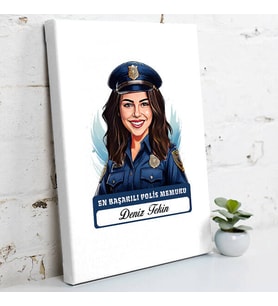 Kişiye Özel Hediye Karikatürlü En İyi Kadın Polis Memuru Kanvas Tablo