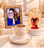 Kişiye Özel Fotoğraflı Hayat Ağacı Desenli Porselen Kahve Fincanı ve LED Sırt Sırta Fanus