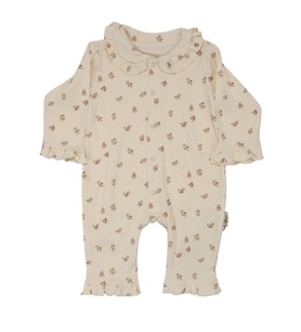 Kız Bebek Ekru Minik Çicekli Kolları Fırfırlı Bebe Yaka Çıtçıtlı Tulum