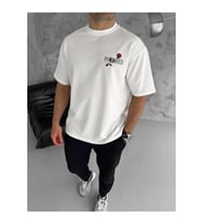 Unisex Bisiklet Yaka Baskılı Oversize T-Shirt - Beyaz