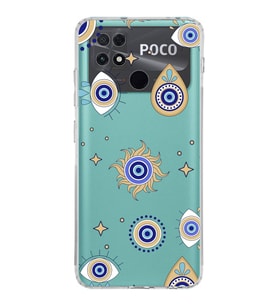 PrintiFy Xiaomi Poco C40 ile Uyumlu 1mm Slim Fit Nazar Boncuğu 5 Baskılı Şeffaf  Kılıf