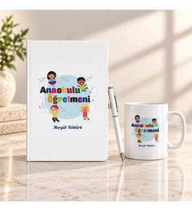 Anaokulu Öğretmenine İsme Özel Defter Kalem ve Kupa Hediye Seti
