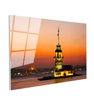 Tamperli Gerçek Cam Tablo Kız Kulesi ve İstanbul Silüeti Şehir Mimari Tablo Duvar Dekoru