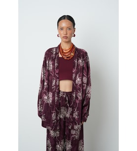 Kadın Çiçek Desenli Bordo Jakarlı Oversize Kimono