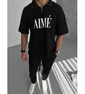Unisex Yarım Fermuarlı Baskılı T-Shirt - Siyah