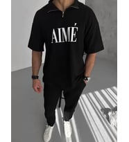Unisex Yarım Fermuarlı Baskılı T-Shirt - Siyah