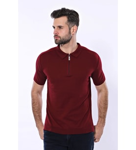 Polo Yaka Düz Bordo Örme T-shirt - Wessi