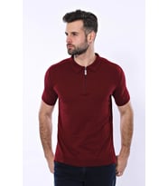 Polo Yaka Düz Bordo Örme T-shirt - Wessi