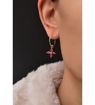 Papatya Silver 925 Ayar Gümüş Gold Kaplama Zirkon Taşlı Plumeria Halka Küpe (Fuşya)