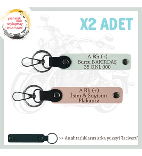 Motorcu Friends Hediye, İsim Plaka ve A Rh (+) Kan Grubu Yazılı x2 Anahtarlık, Yavruağzı-Beyaz-Laci