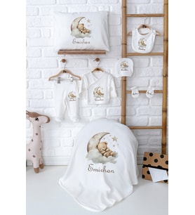 Pia Baby Premium İsim Baskılı Yenidoğan Erkek Bebek Hediyelik %100 Pamuk Zıbın Set 5048-02 (Ekru)