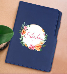 BK Gift Kişiye Özel Çiçek Tasarımlı Lacivert Termo Deri Not Defteri 15x21cm-10