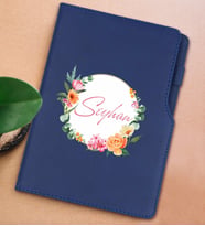 BK Gift Kişiye Özel Çiçek Tasarımlı Lacivert Termo Deri Not Defteri 15x21cm-10