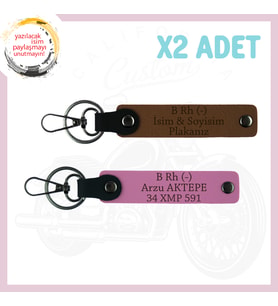 Açık Kahve-Pembe, Motosiklet Aşıkları İçin, İsim Plaka ve B Rh (-) Kan Grubu Yazılı 2'li Anahtarlık