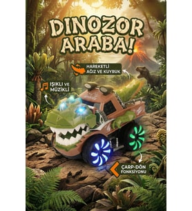 Hareketli Dinozor Oyuncak Araba - Işıklı, Müzikli, Çarp Dön Özellikli T-Rex Kamyon - 2 Yaş+