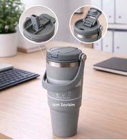 Kişiye Özel İsim Yazılı Pipetli Çelik Termos Mug - 900 ml Taşıma Kulplu 7 Renk Seçenegi Toz Pembe - Kahve-Lila-Mav,-Siyah-Gri-Beyaz