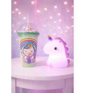 2'li Set RGB Led Unicorn Gece Lambası Yumuşak Silikon – Yeşil Unicorn Tema 450 ml Çift Katman Suluk (Çok Renkli)