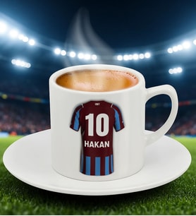 BK Gift Kişiye Özel Bordo Mavi Taraftar Forma Numarası ve İsim Tasarımlı Türk Kahvesi Fincanı, Taraftar Hediyesi