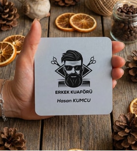 Kişiye Özel Erkek Kuaförü Bardak Altlığı  Hediyesi (Beyaz)