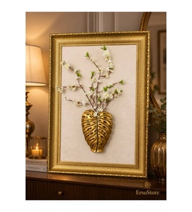 110x77cm Lüks Gold Çerçeveli Yaprak Vazo Duvar Panosu – Çiçek Detaylı Dekoratif Tablo Salon, Antre ve Ofis Duvar Dekoru