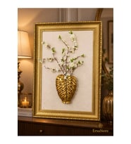110x77cm Lüks Gold Çerçeveli Yaprak Vazo Duvar Panosu – Çiçek Detaylı Dekoratif Tablo Salon, Antre ve Ofis Duvar Dekoru