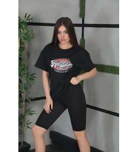 Kadın Kısa Kol Yazlık Tişört Bisiklet Yaka Baskılı Oversize T-Shirt - Siyah