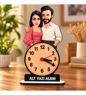Fotoğraftan Kişiye Özel 2 Kişilik Çift Karikatürlü 18 cm MDF Dikey Masa Saati - Sevgiliye ve Eşe Hediye Sevgililer Günü ve Yıl Dönümü Hediyesi Pembe
