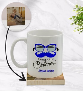 BK Gift Kişiye Özel Babaların Bir Tanesi Tasarımlı Beyaz Kupa Bardak ve Ahşap Bardak Altlığı Hediye Seti - Model 1